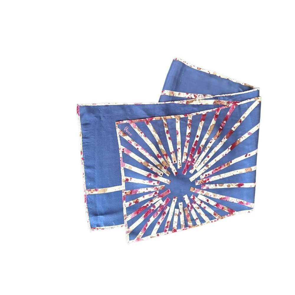 Vera Scarf Blue Sunburst Graphic Print Silk Rectangular Artistic Hand‎ Rolled
